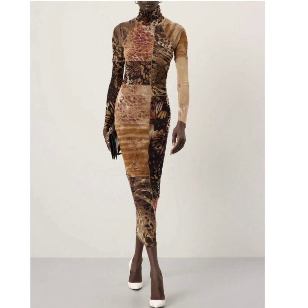 Fuzzi Abito Midi mesh patch work long sleeve  Dress Size Medium FLAWED Read